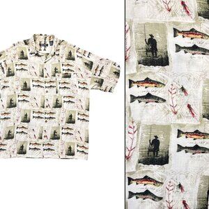 VTG Fishing Print Camp Shirt Trout Fly Fishing Angler‎ Button Up Resort Mens M
